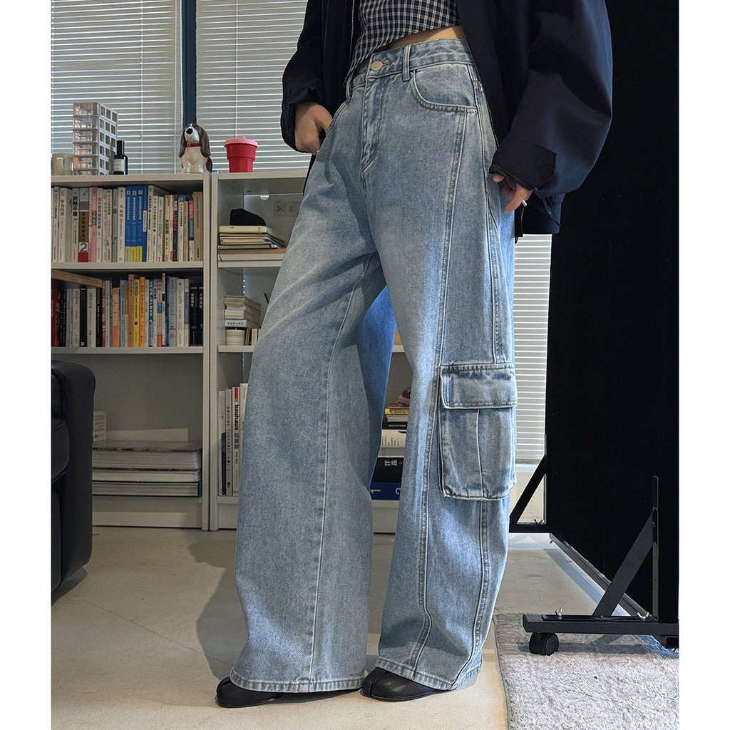 cargo wide leg jeans high waist loose fit vintage wash denim pants