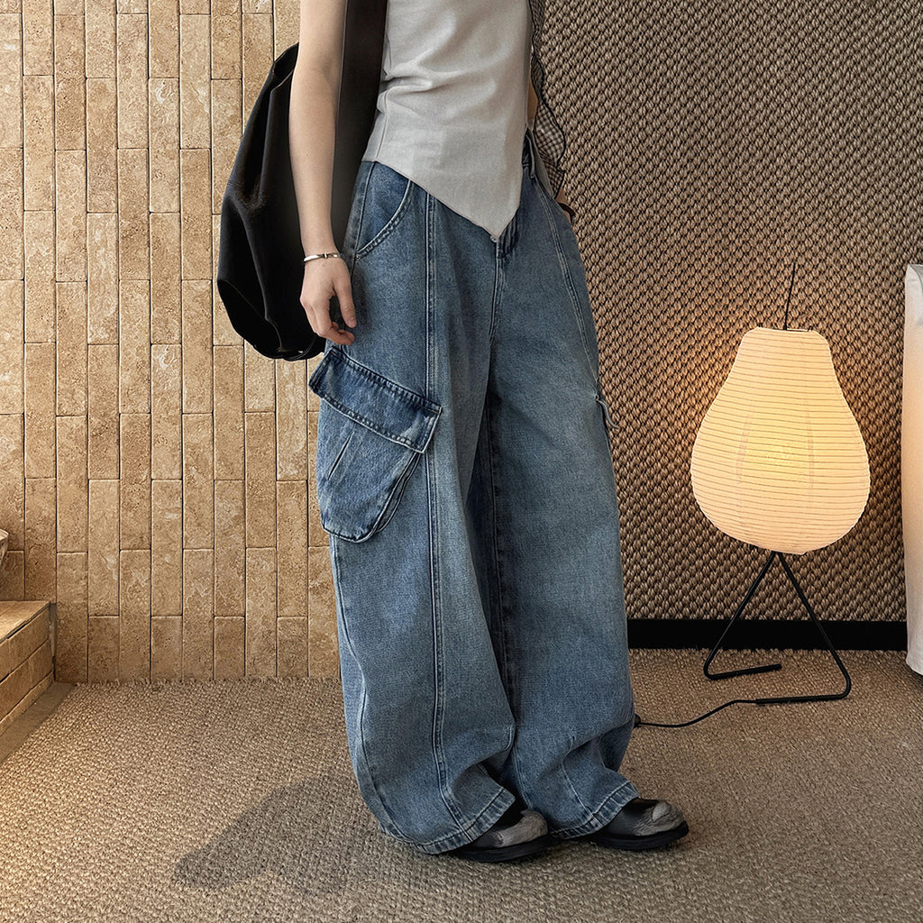 American style spliced large pocket loose wide leg jeans