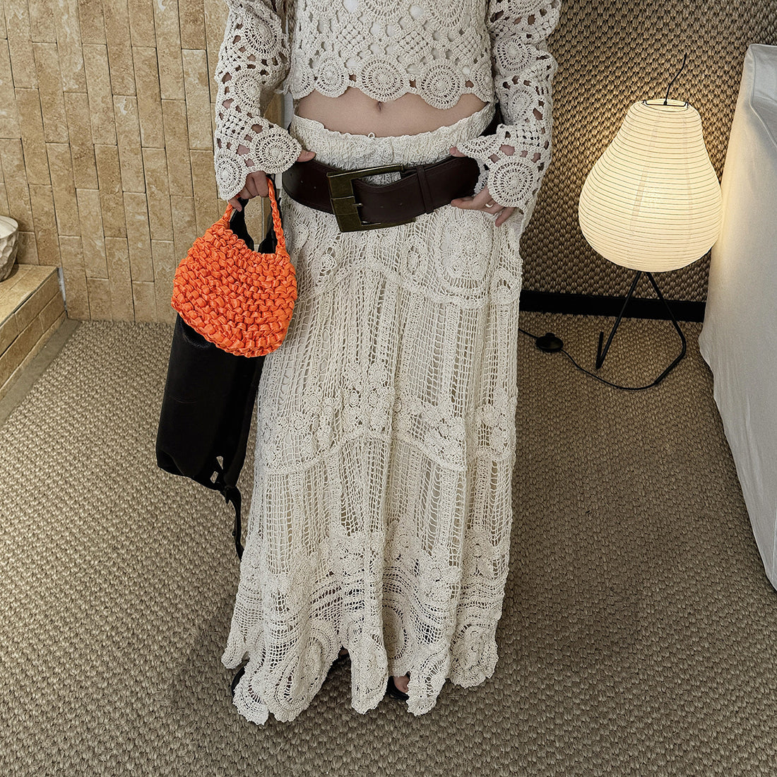 Bohemian hollow knitted half body A-line maxi skirt