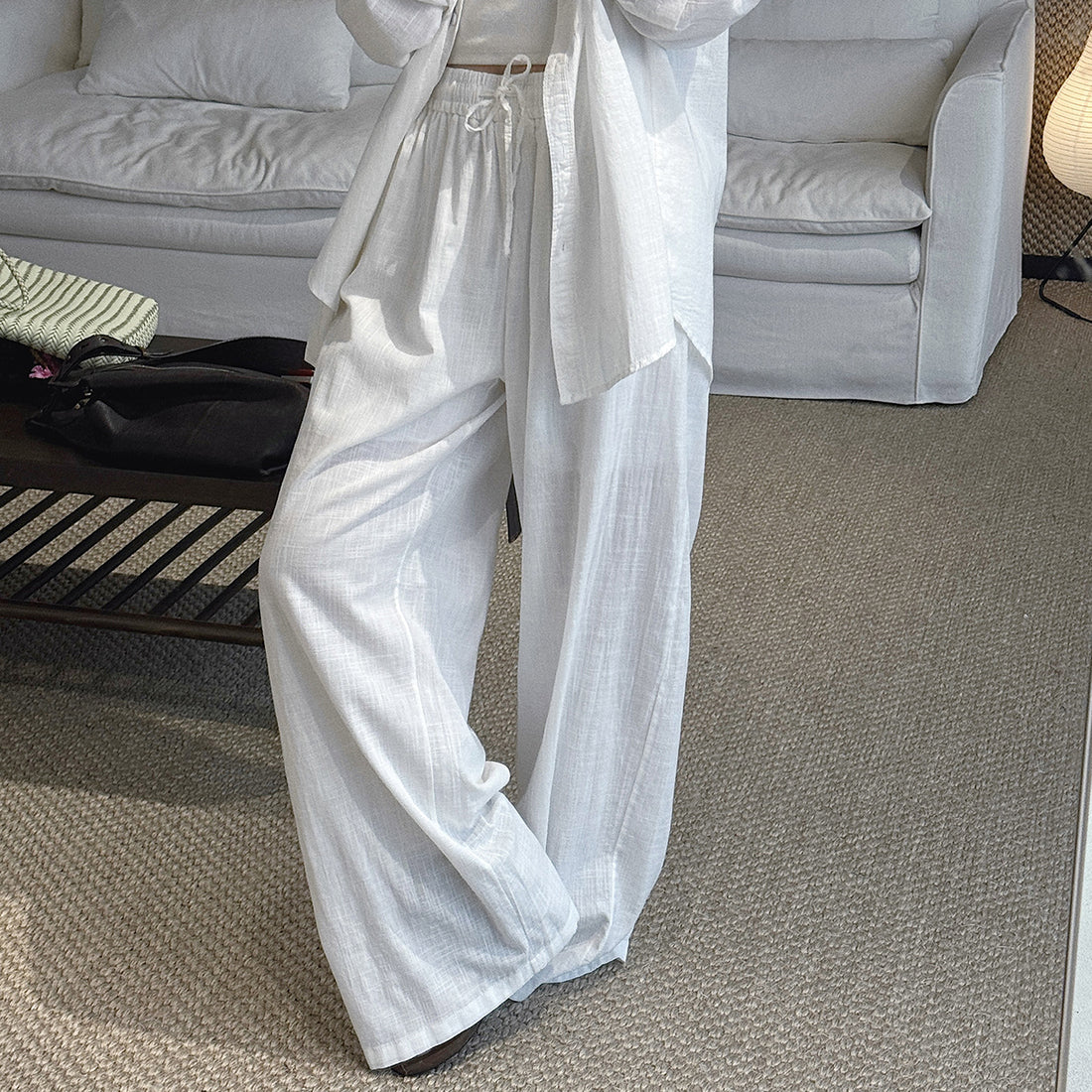 High Waist Cotton Linen Wide Leg Pants with Drawstring