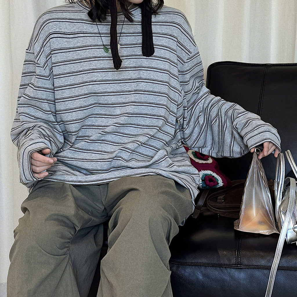 Retro minimalist round neck striped contrasting T-shirt top