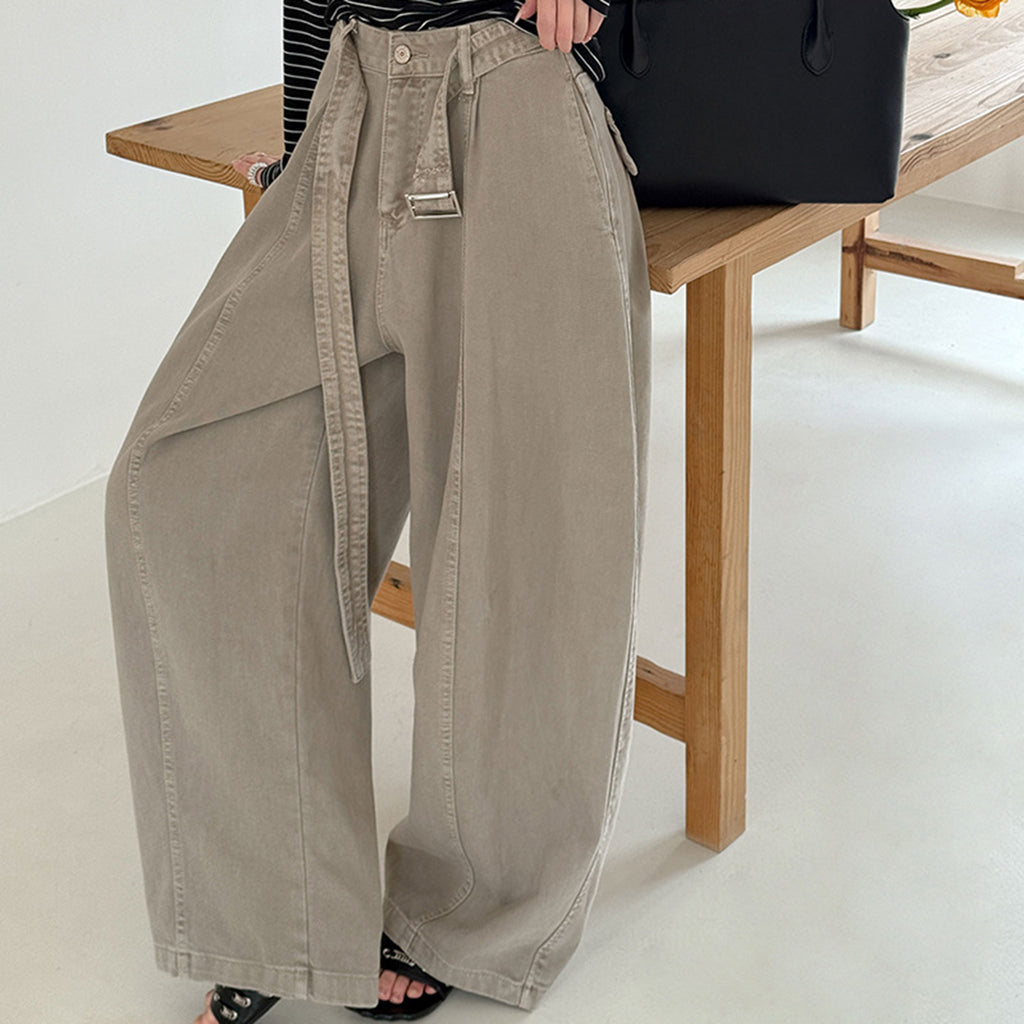 High waist wide leg pants women loose casual trousers with belt cotton