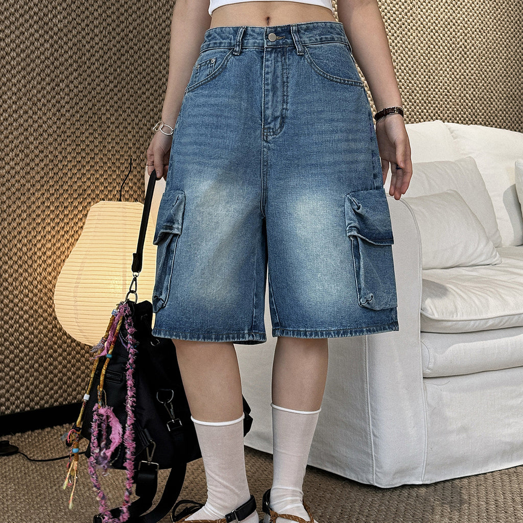 cargo denim bermuda shorts high waist loose fit wide leg washed jeans