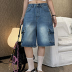 cargo denim bermuda shorts high waist loose fit wide leg washed jeans