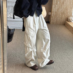 Pleated straight leg large pocket loose denim cargo pants