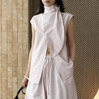 Sleeveless tie neck top women cotton linen loose summer blouse