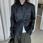 Big collar PU leather button jacket top