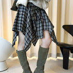 Retro contrasting plaid irregular skirt half length skirt