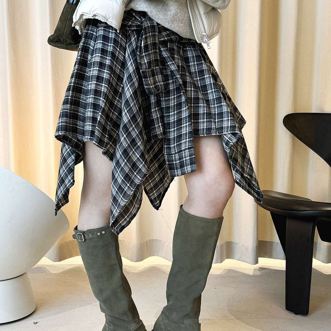 Retro contrasting plaid irregular skirt half length skirt