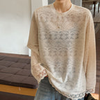 Round neck lace knitted hollow out long sleeved top