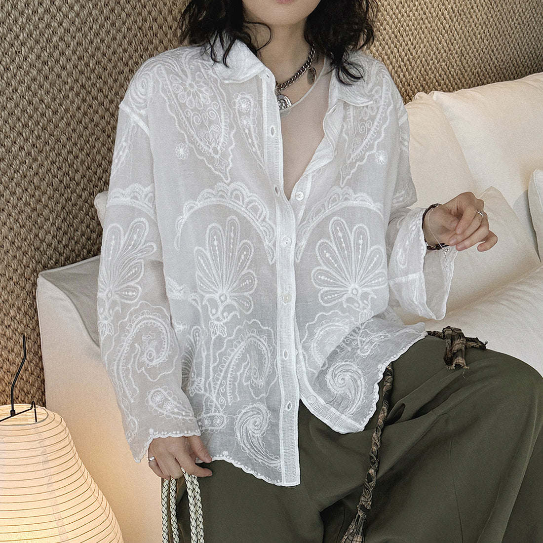 White embroidered cotton blouse loose long sleeve sheer lace shirt women