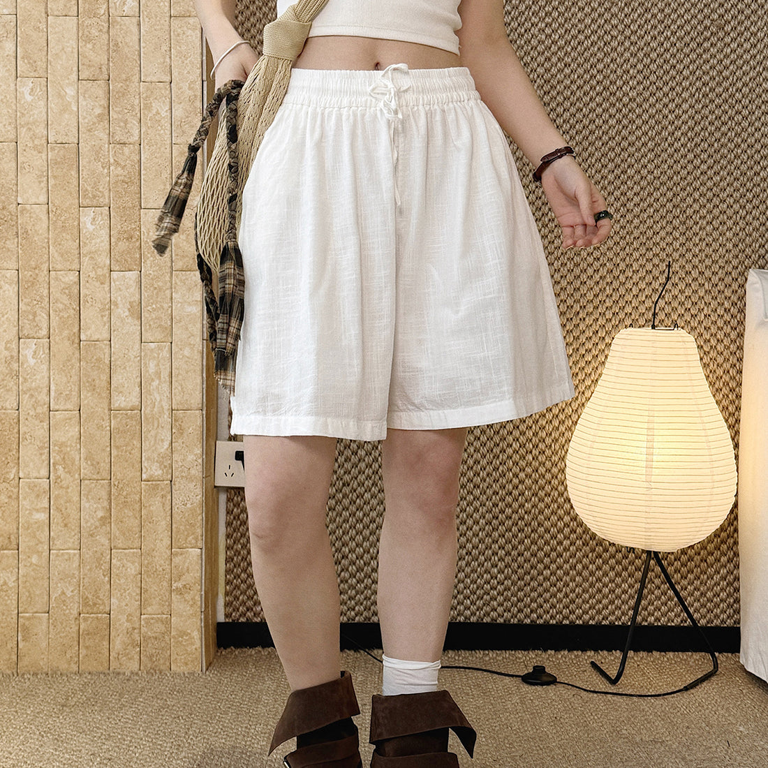 High Waist Linen Cotton Drawstring Bermuda Shorts - Multiple Colors