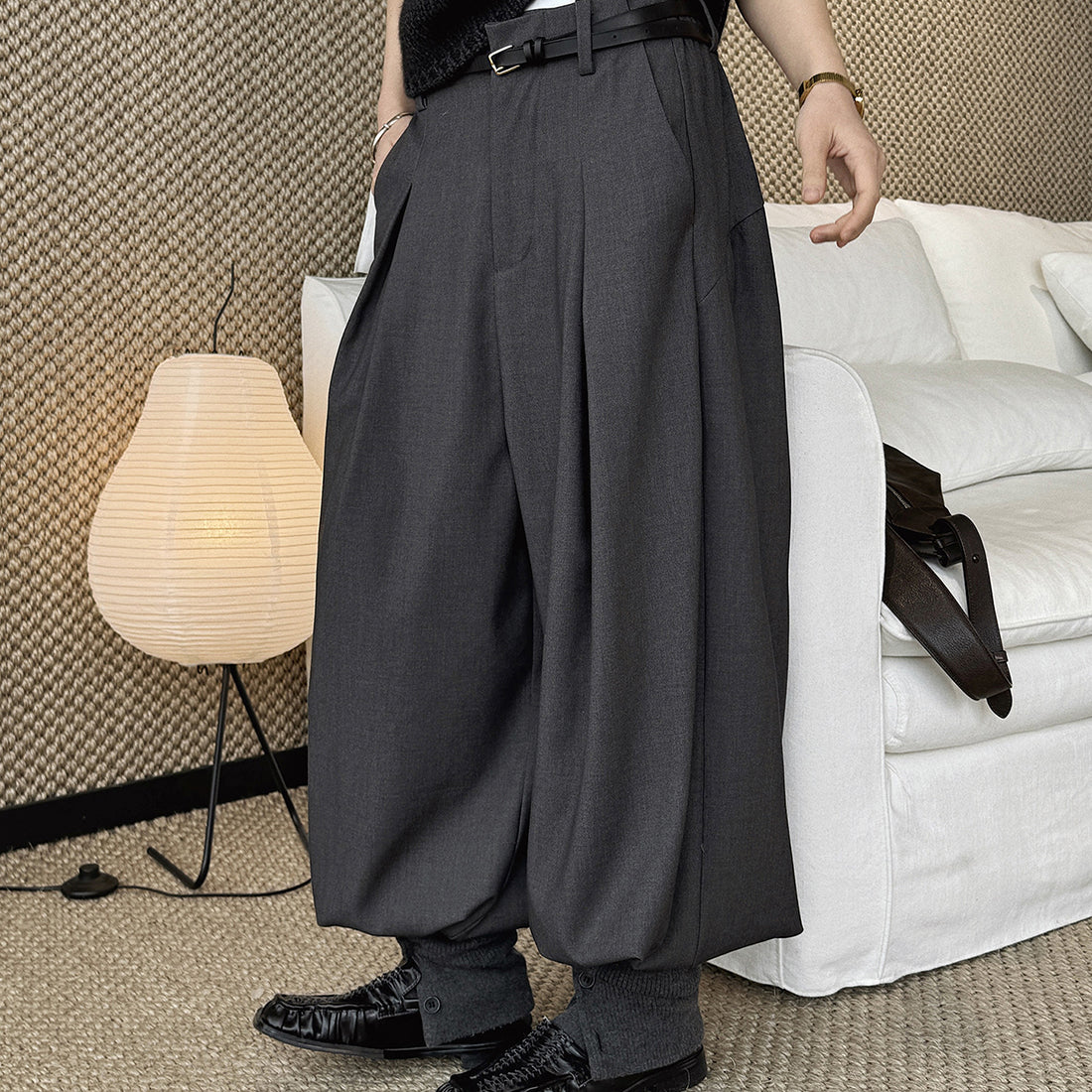 High waist pleated loose fit tapered cuff pants