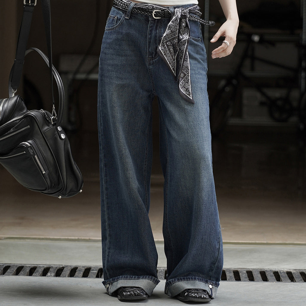 Retro loose wide leg jeans with scarf belt