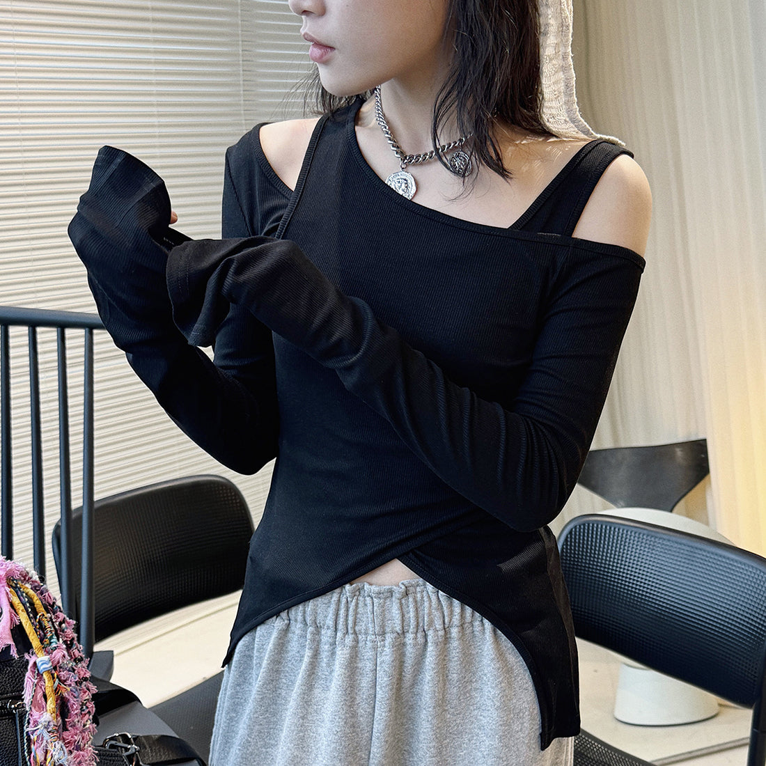 Women’s Asymmetric Cold Shoulder Long Sleeve Top
