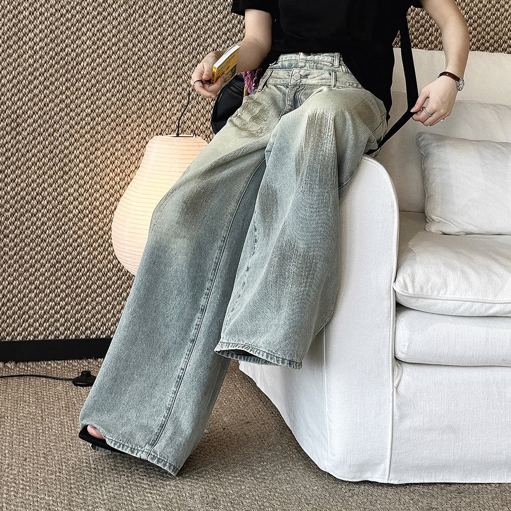 Women’s Double Waist Washed Wide Leg Denim Pants