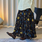 Retro elastic waist printed pleated A-line maxi skirt