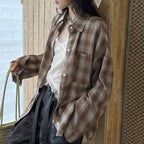 Vintage plaid cotton shirt loose long sleeve casual button down blouse