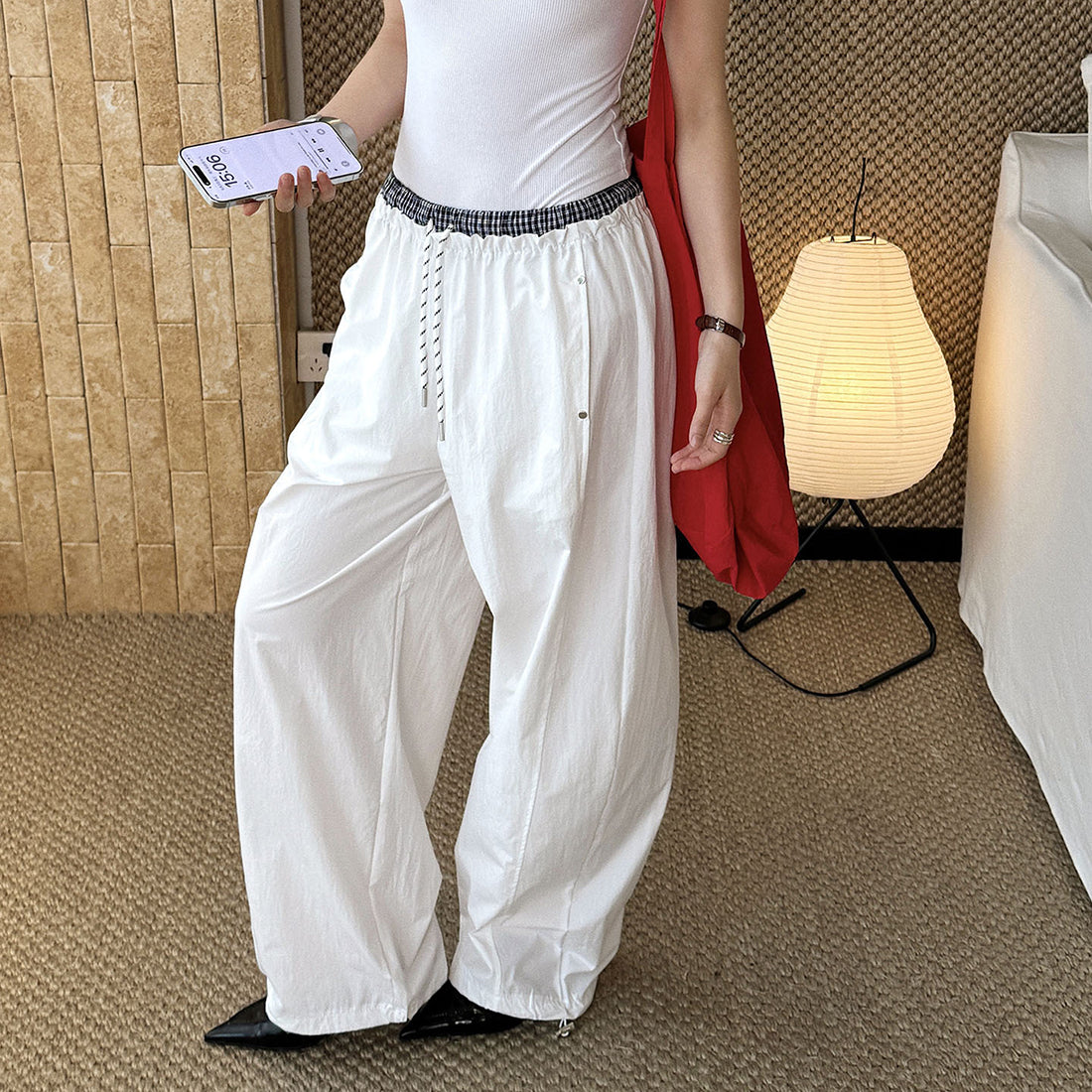 Grid waistband elastic drawstring loose casual ankle pants