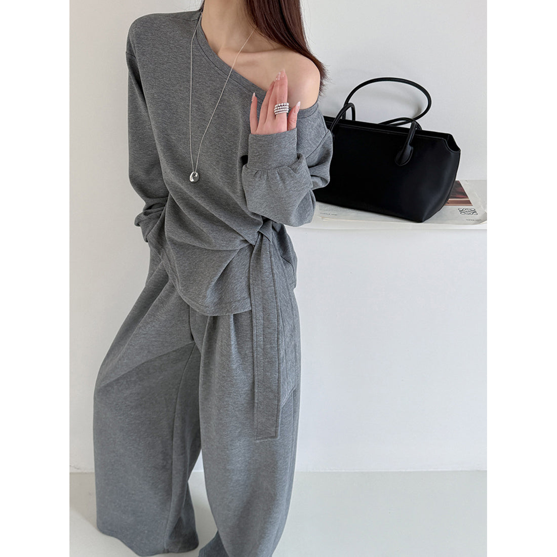 Off shoulder lounge set women loose fit wide leg pants two piece outfit