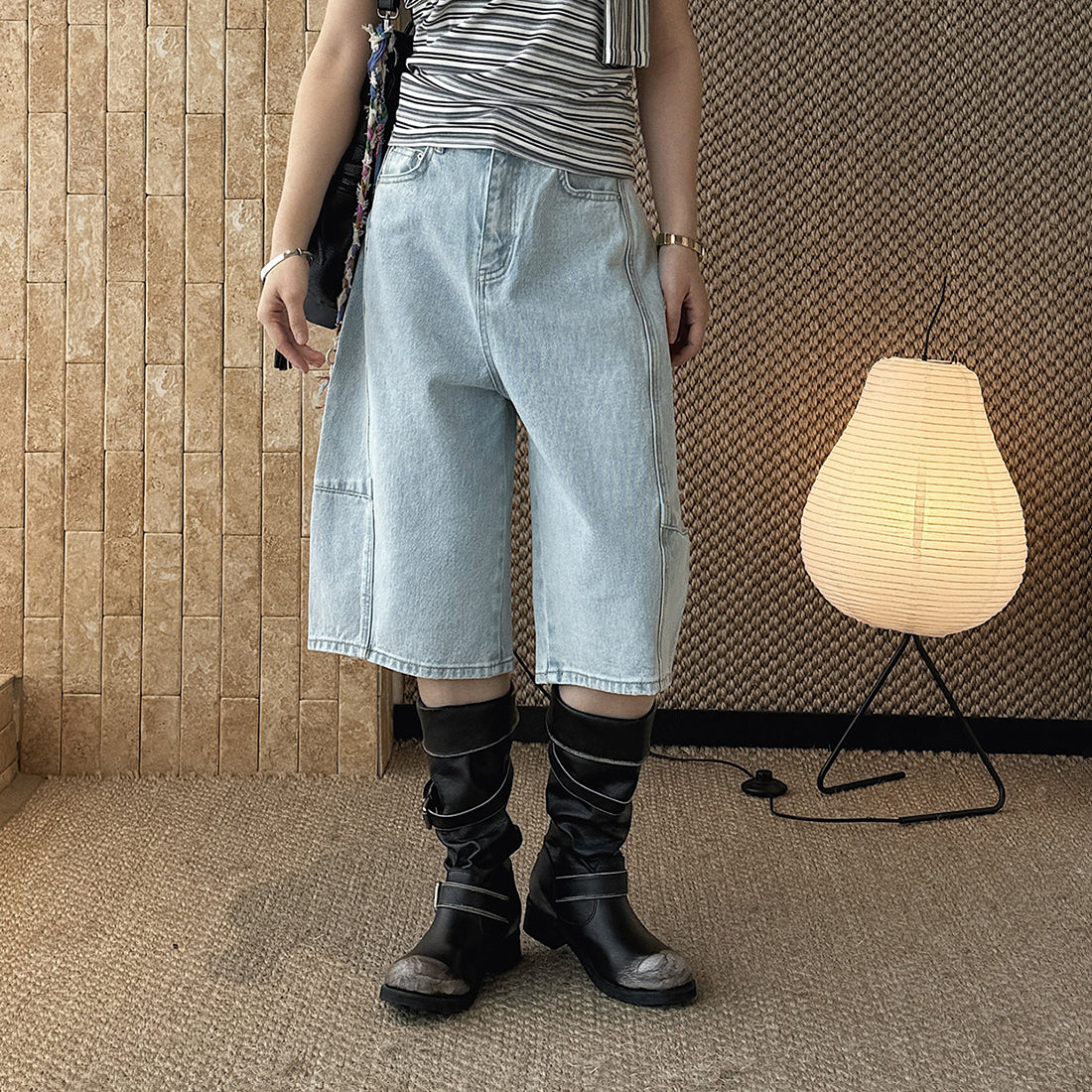 High Waist Cotton Denim Bermuda Shorts Loose Fit Wide Leg Casual Vintage Jeans