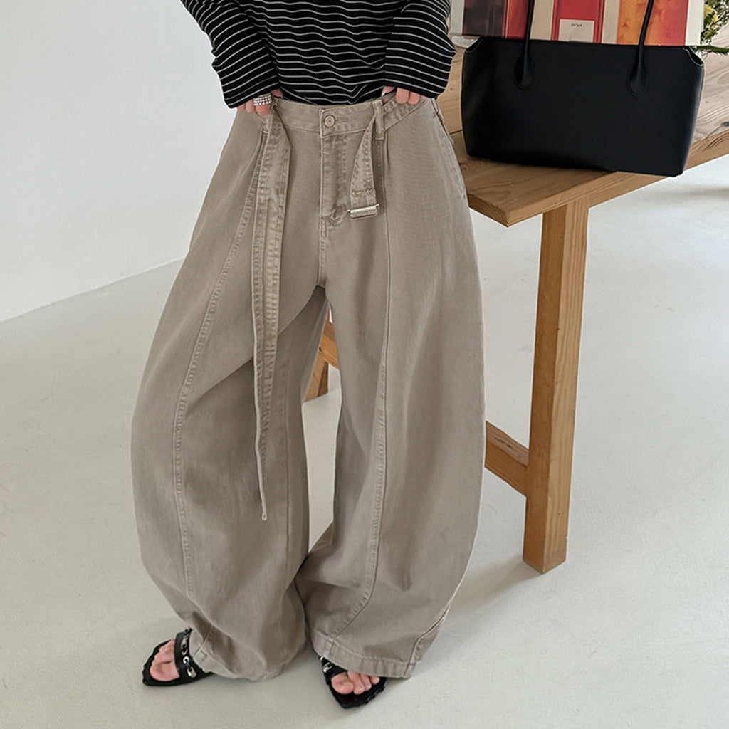 High waist wide leg pants women loose casual trousers with belt cotton
