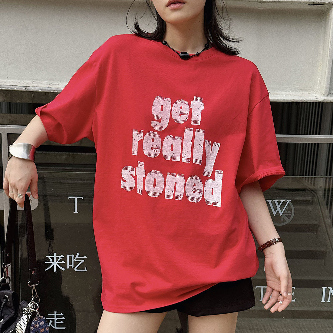 Round neck letter printed shoulder loose T-shirt top