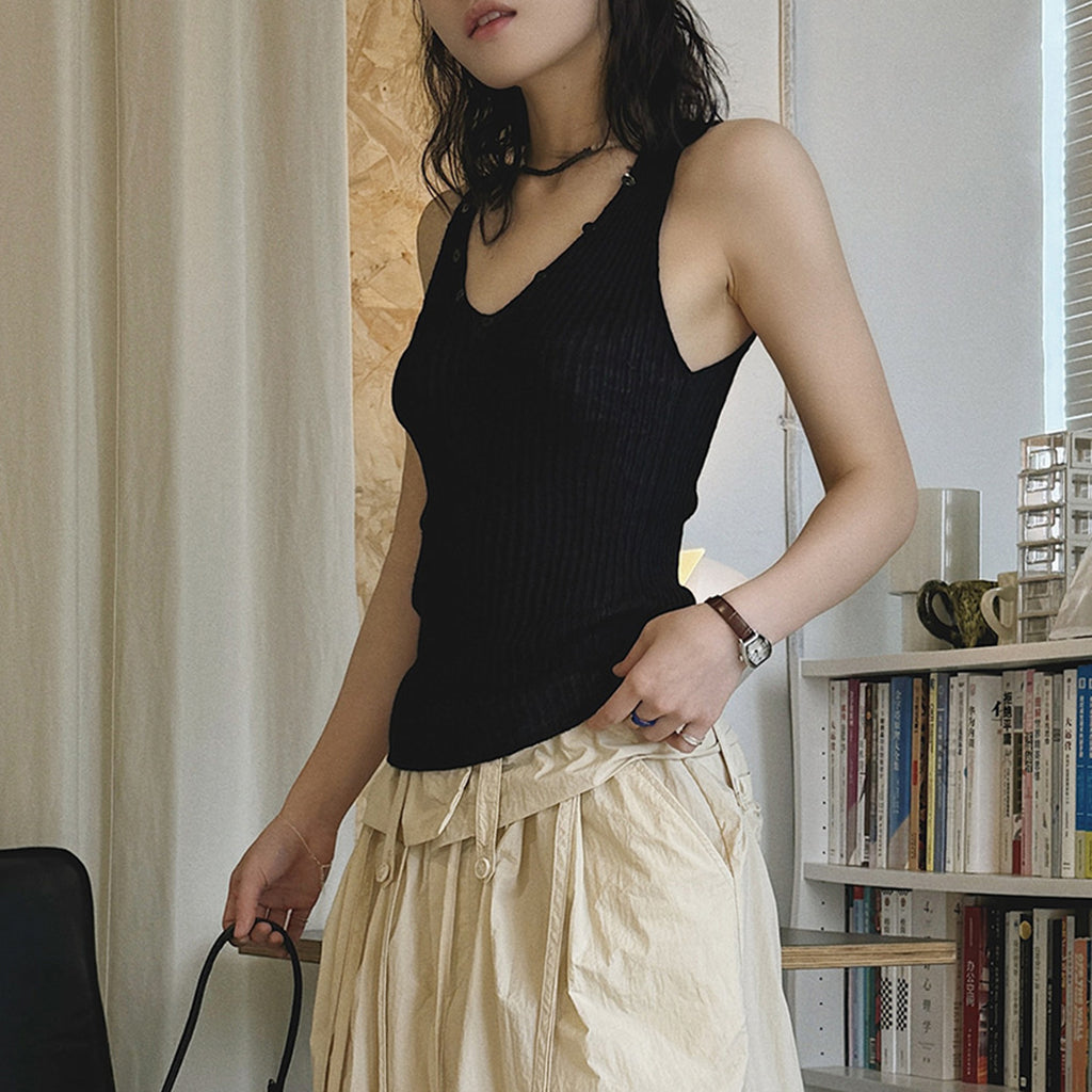 V-Neck Ribbed Knit Tank Top with Button Detail