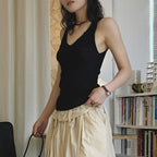 V-Neck Ribbed Knit Tank Top with Button Detail