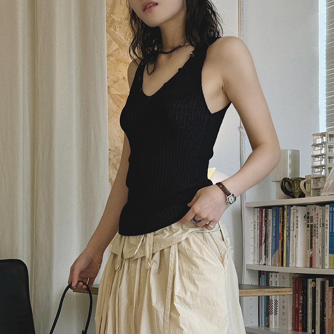 V-Neck Ribbed Knit Tank Top with Button Detail