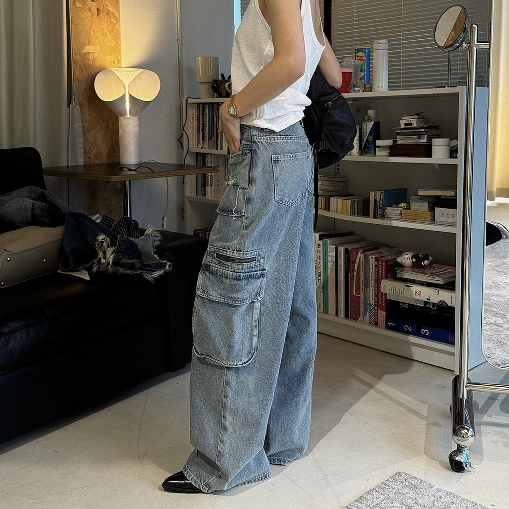 Retro ripped multi pocket loose silhouette jeans