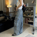 Retro ripped multi pocket loose silhouette jeans
