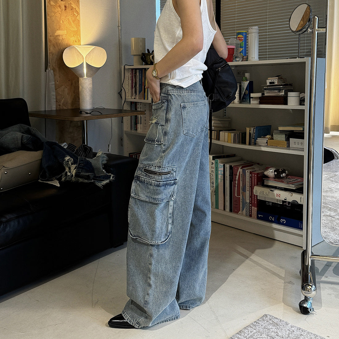 Retro ripped multi pocket loose silhouette jeans
