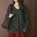 Retro V-neck plush knitted long sleeved loose sweater top