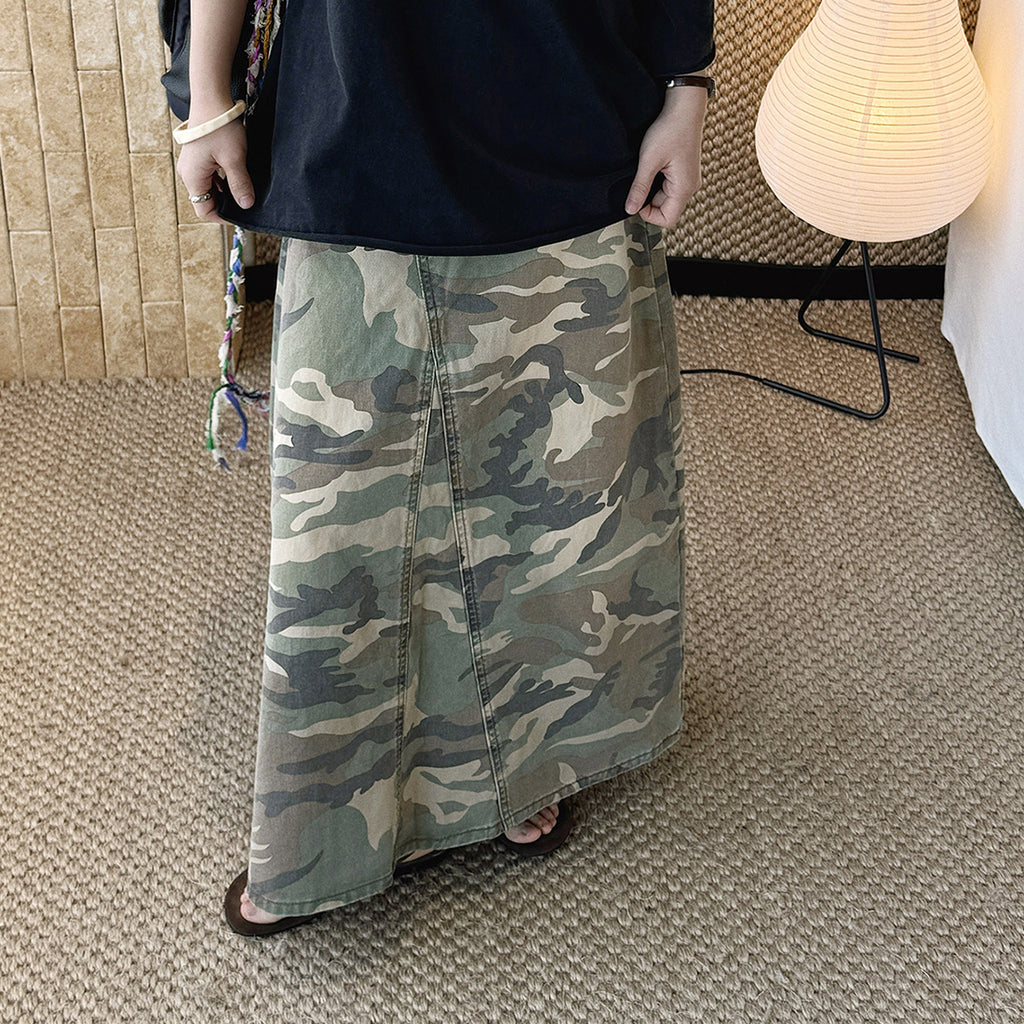 Camo long skirt women high waist vintage A-line maxi skirt