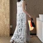 sleeveless long vest lace knit cardigan v neck button down hollow out lightweight layering top