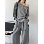 Off shoulder lounge set women loose fit wide leg pants two piece outfit