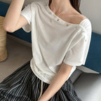 Women’s Asymmetrical Button-Shoulder Short-Sleeve T-Shirt