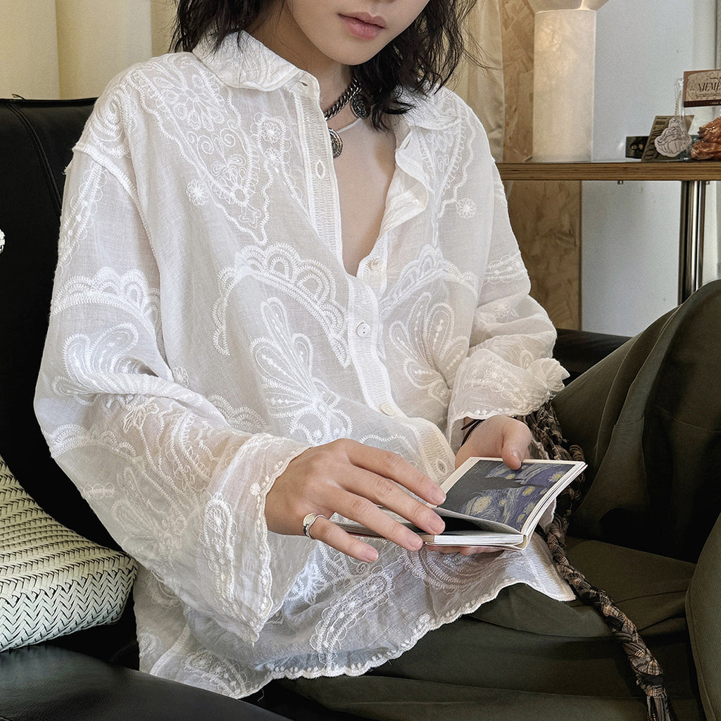 White embroidered cotton blouse loose long sleeve sheer lace shirt women