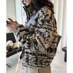 Retro Rolled Leaf Jacquard Lamb Fur Stand-Up Collar Thermal Fluffy Thick Coat
