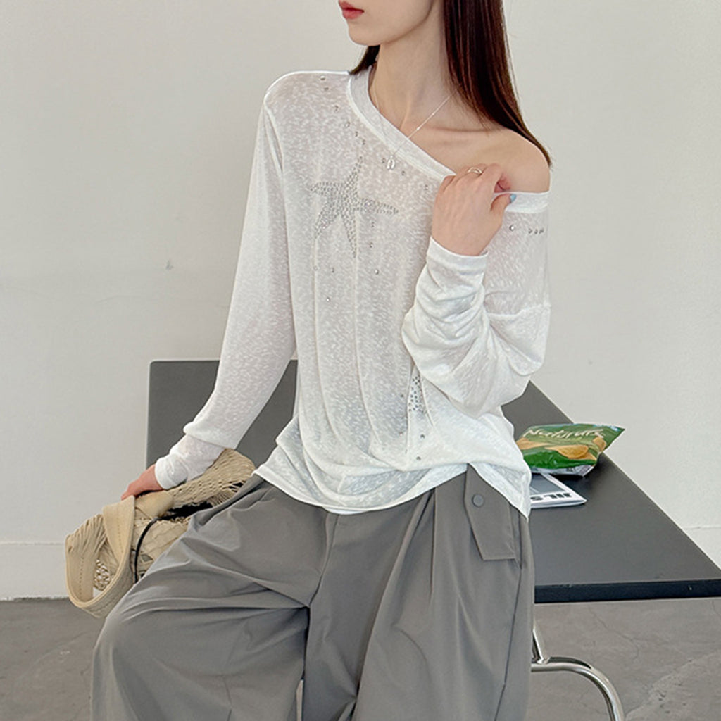 Women’s Star Rhinestone Off-Shoulder Sheer Long-Sleeve Top