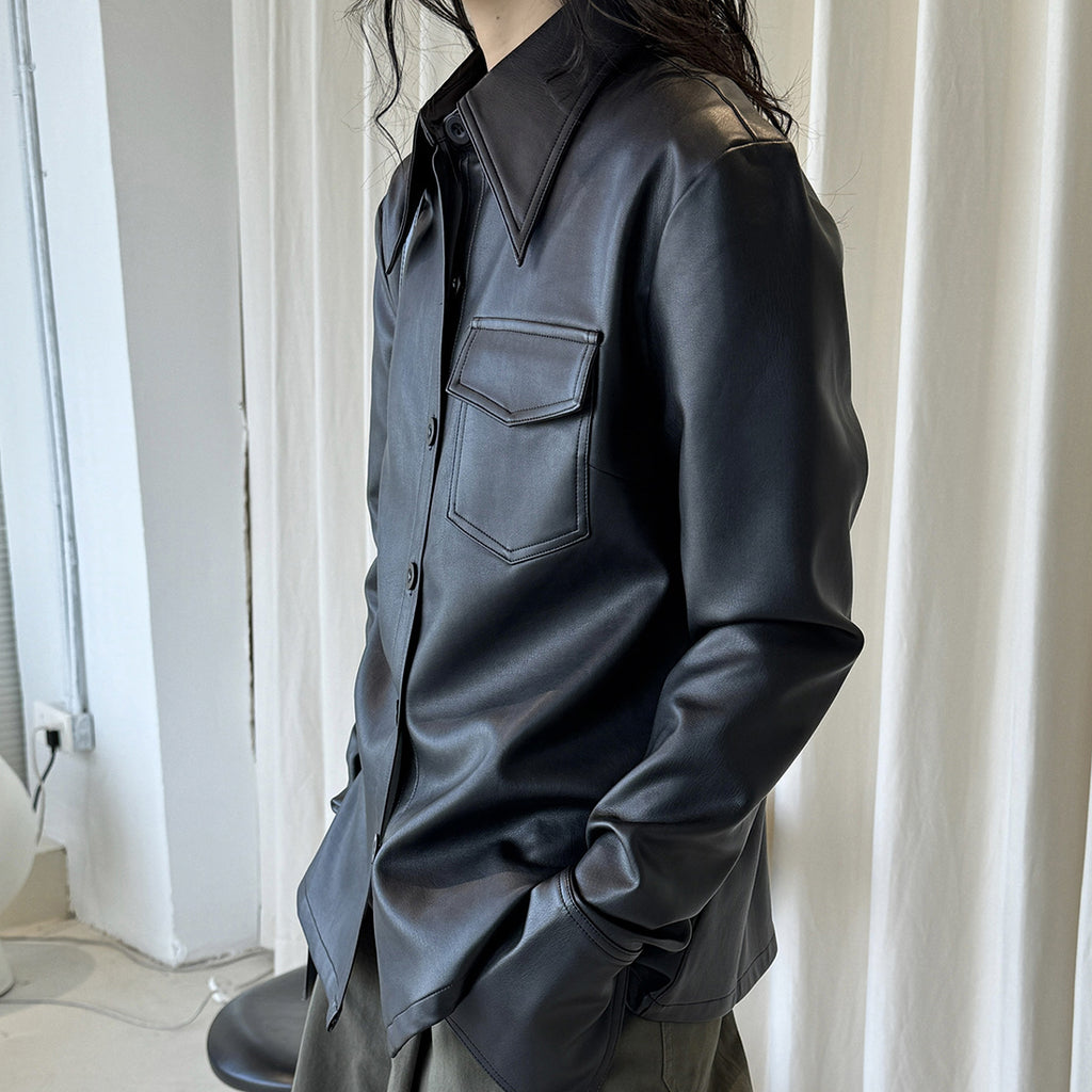Big collar PU leather button jacket top