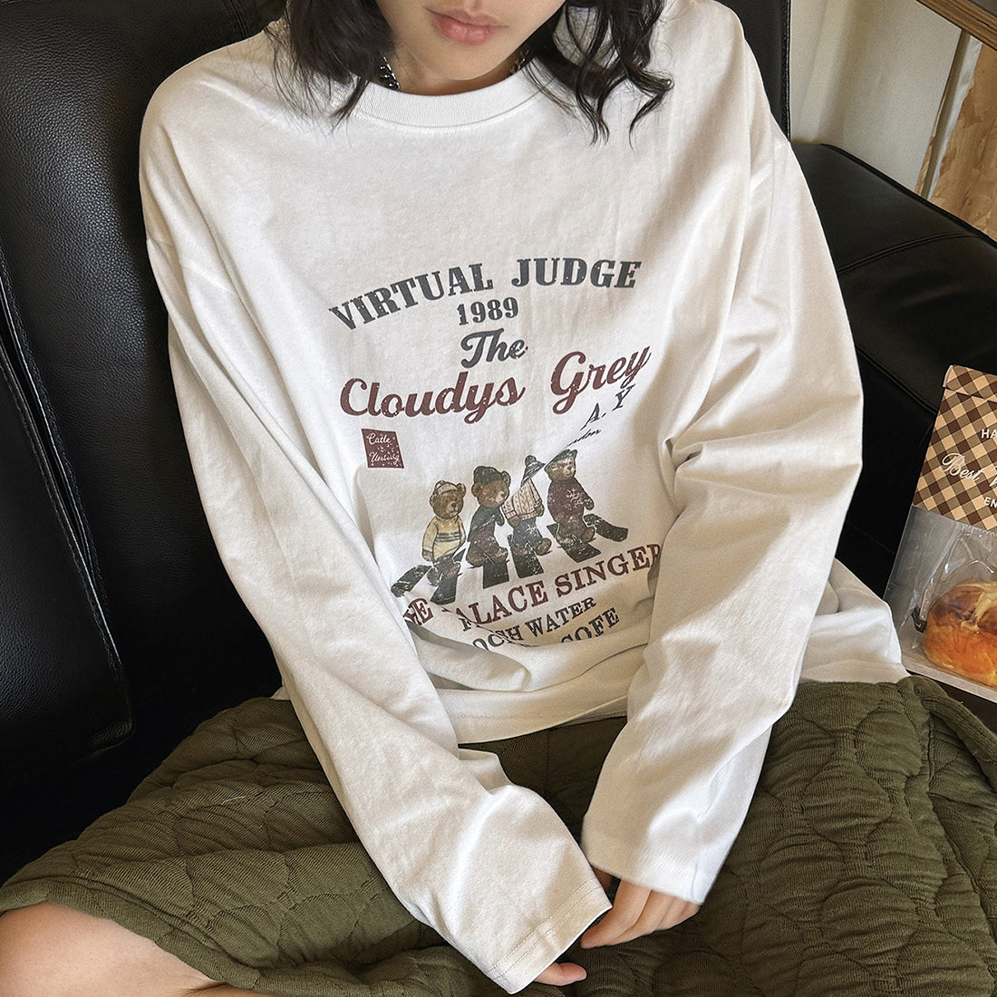 Retro teddy bear letter printed loose long sleeved T-shirt