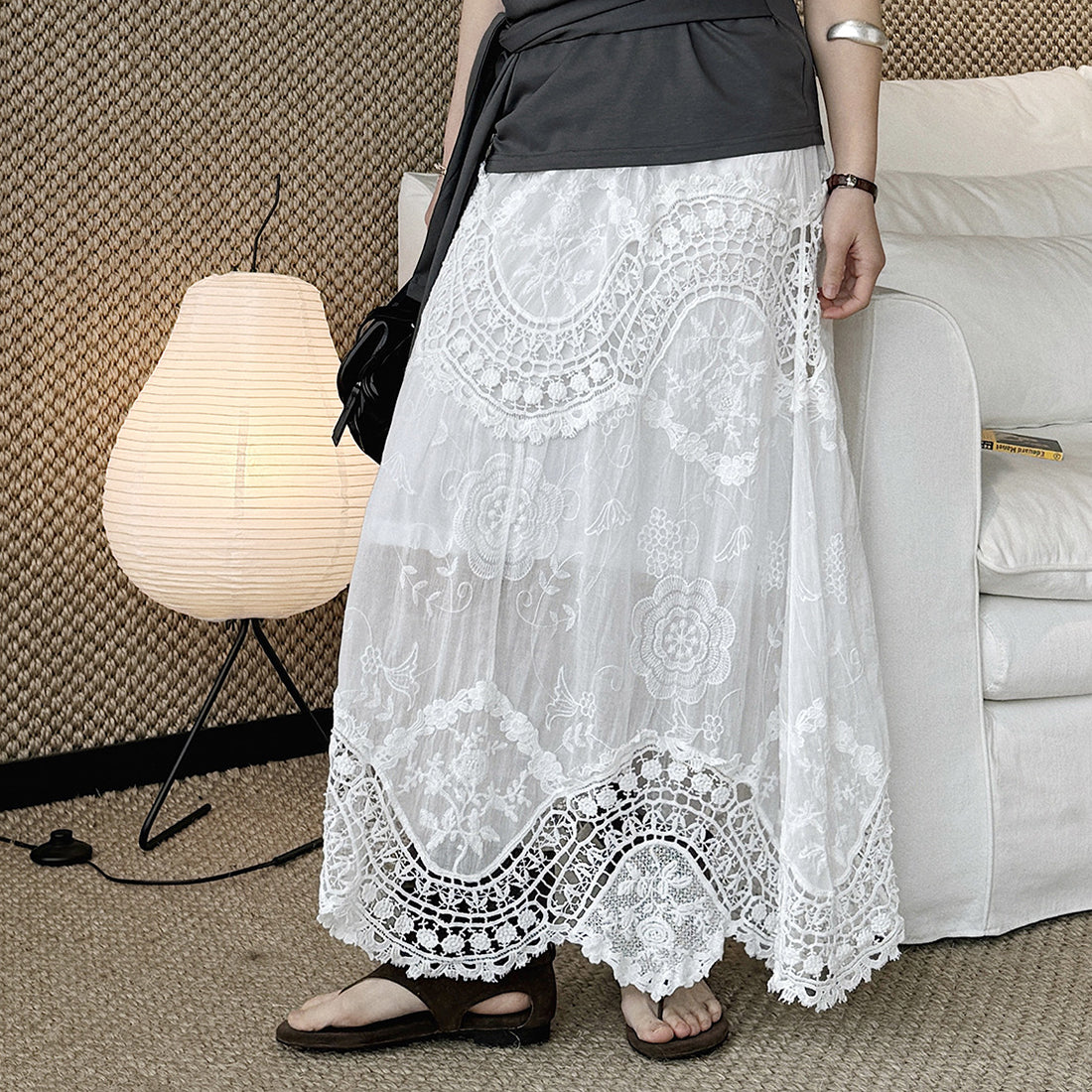 Boho lace embroidered maxi skirt with flowy silhouette and soft lining