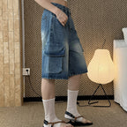 cargo denim bermuda shorts high waist loose fit wide leg washed jeans