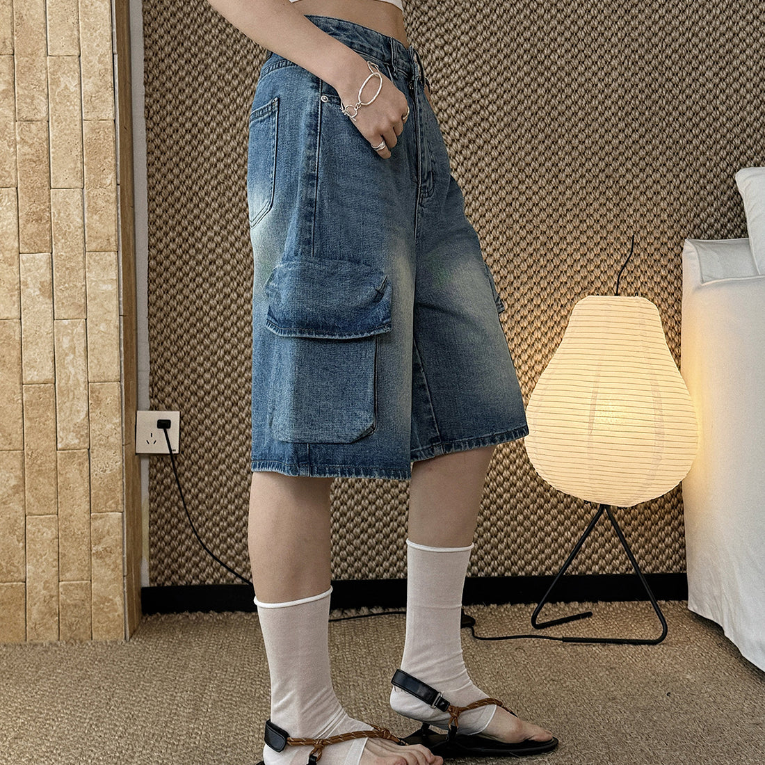 cargo denim bermuda shorts high waist loose fit wide leg washed jeans