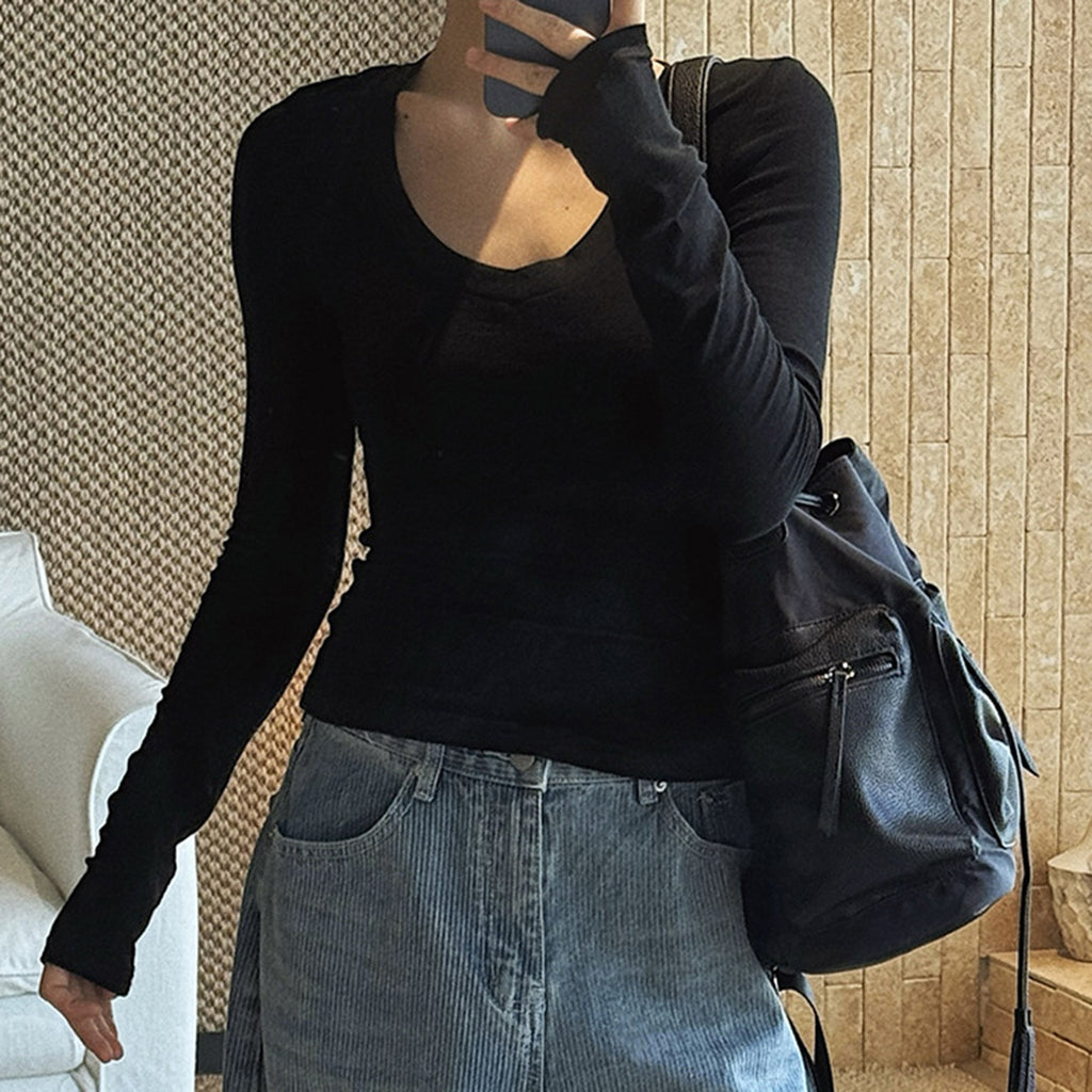 V-neck slim fit solid color long sleeved T-shirt top