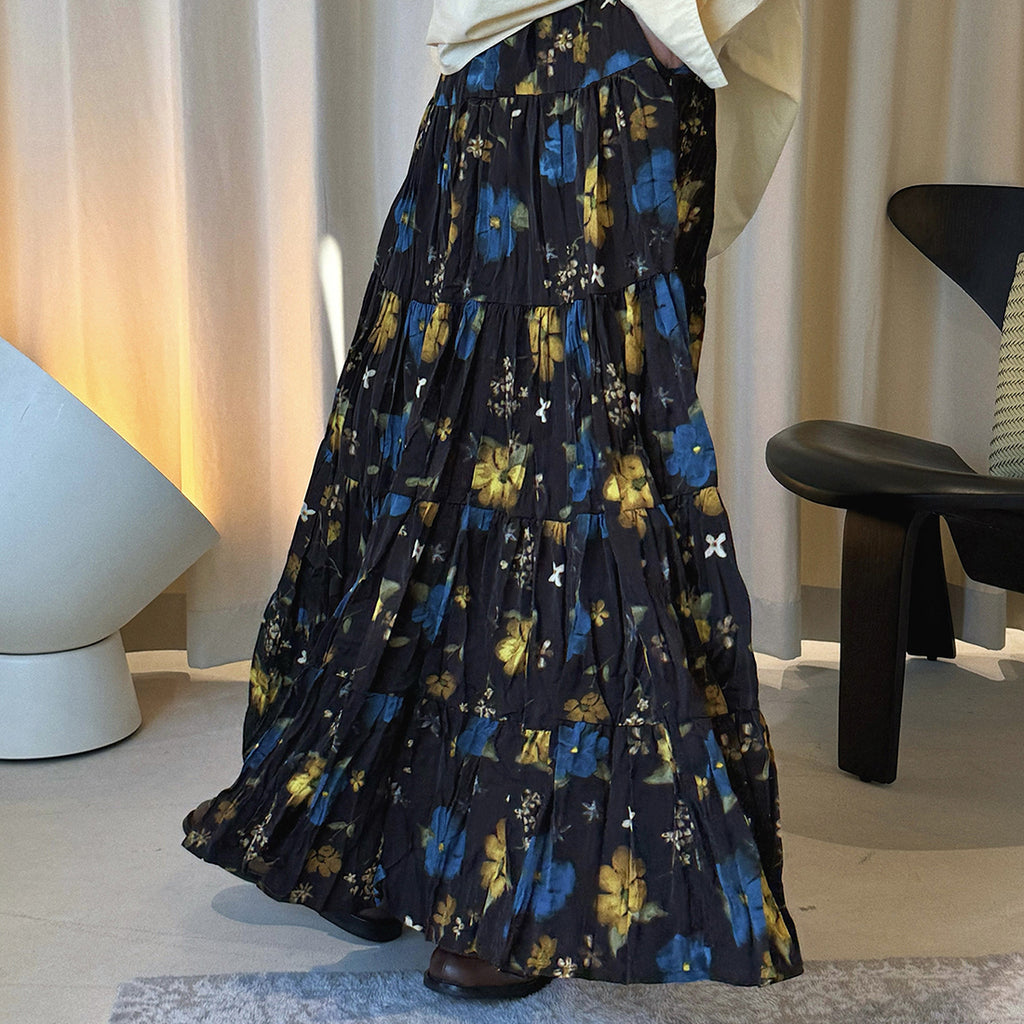 Retro elastic waist printed pleated A-line maxi skirt