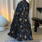 Retro elastic waist printed pleated A-line maxi skirt