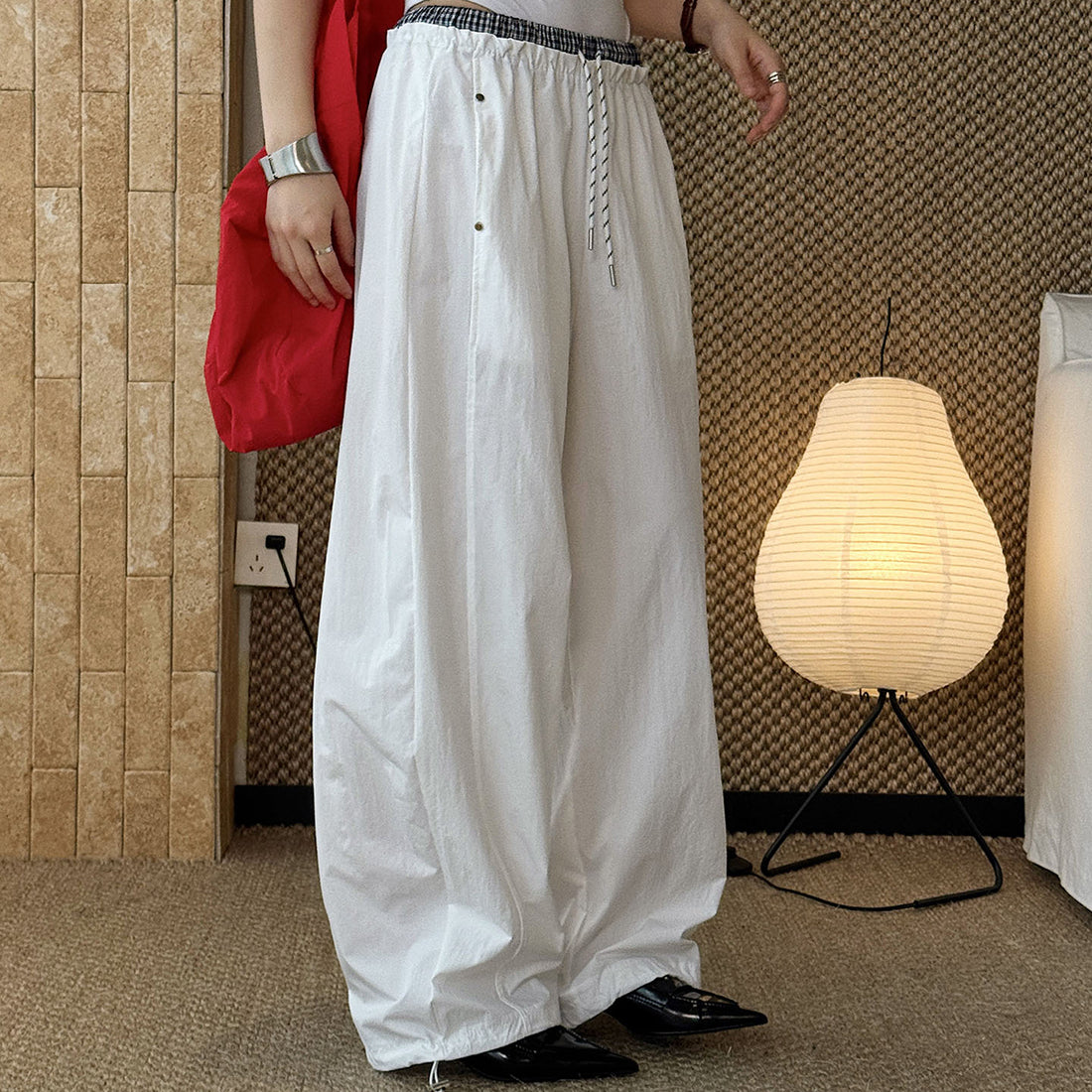 Grid waistband elastic drawstring loose casual ankle pants